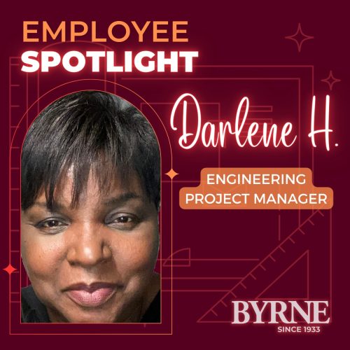 Byrne Dairy Employee Spotlight for Darlene Hackworth is a maroon and orange blueprint graphic with a photo of Darlene