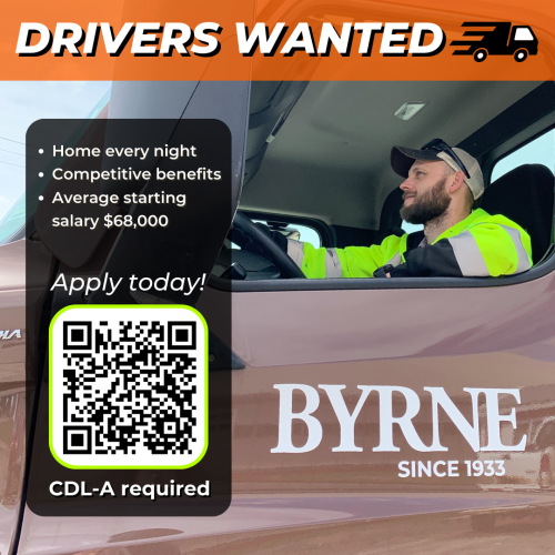 A graphic titled "Drivers Wanted" with a QR code and a photo of a white man in a yellow fleet safety jacket driving a tractor trailer.